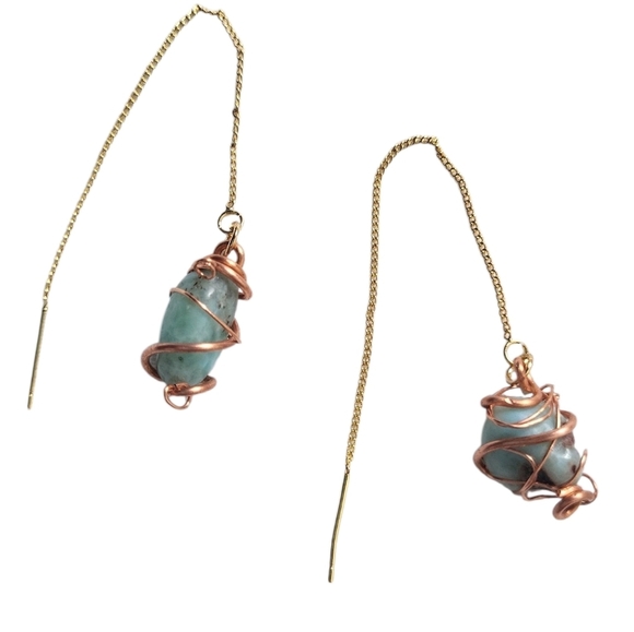 18K Gold Plated Brass Larimar Threader Wire-Wrapped Earrings - Picture 2 of 3